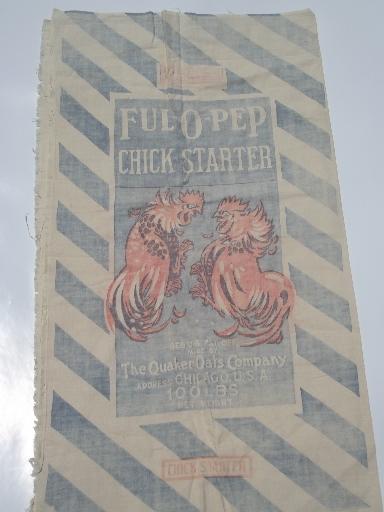 Rooster graphics, vintage Ful-O-Pep chicken feed bag, old cotton feedsack