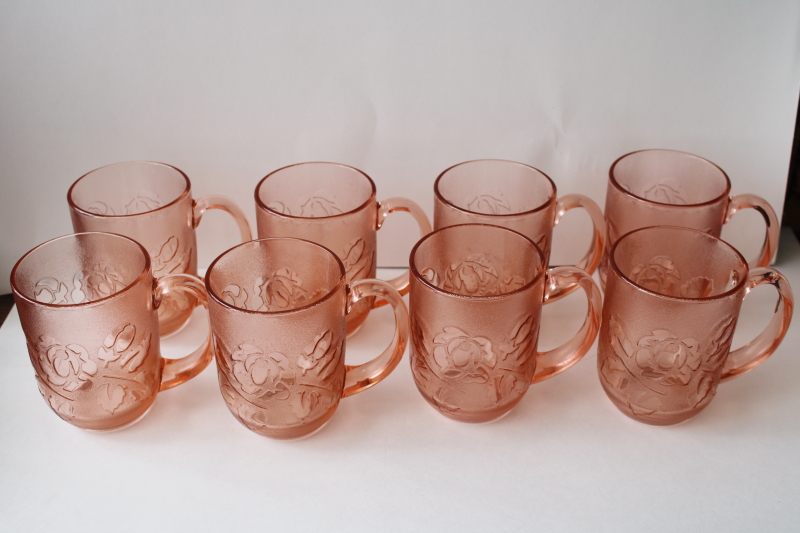 Rosaline Rosa pink vintage Arcoroc rose floral pattern glass mugs set of 8