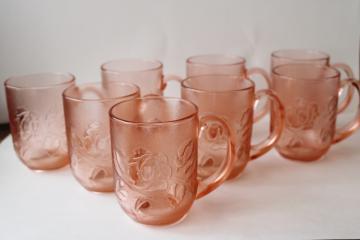 Rosaline Rosa pink vintage Arcoroc rose floral pattern glass mugs set of 8