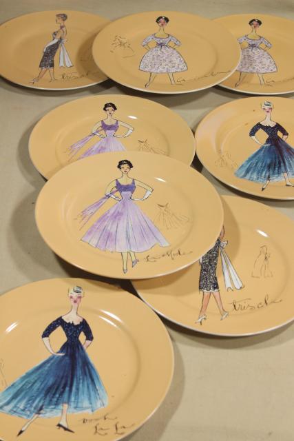 Rosanna china dessert or salad plates, line drawing ladies in vintage cocktail gowns