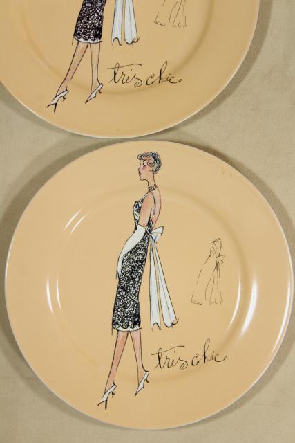Rosanna china dessert or salad plates, line drawing ladies in vintage cocktail gowns