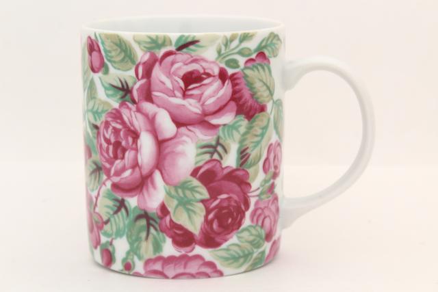 Rose Garden pattern pink roses ceramic coffee mugs set, Horchow vintage Japan china