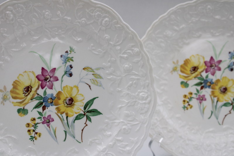 Rose Point embossed border vintage Pope Gosser china dinner plates, wildflowers floral center