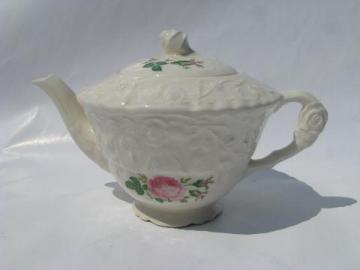 Rose Point embossed floral pattern china teapot, pink roses, Pope-Gosser