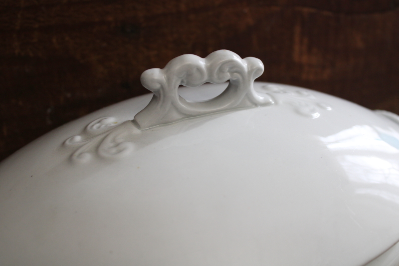 Royal Arms mark old English ironstone china oval bowl, covered dish w/ crown handles