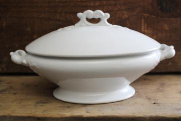 Royal Arms mark old English ironstone china oval bowl, covered dish w/ crown handles