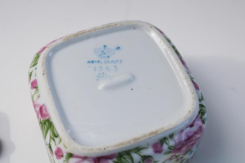 Royal Chintz floral china ashtray set, tiny ladylike ashtrays mid-century vintage Japan