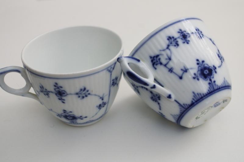 Royal Copenhagen vintage porcelain tea cups, white & blue fluted (plain) pattern