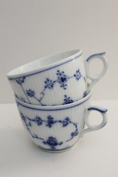 Royal Copenhagen vintage porcelain tea cups, white & blue fluted (plain) pattern