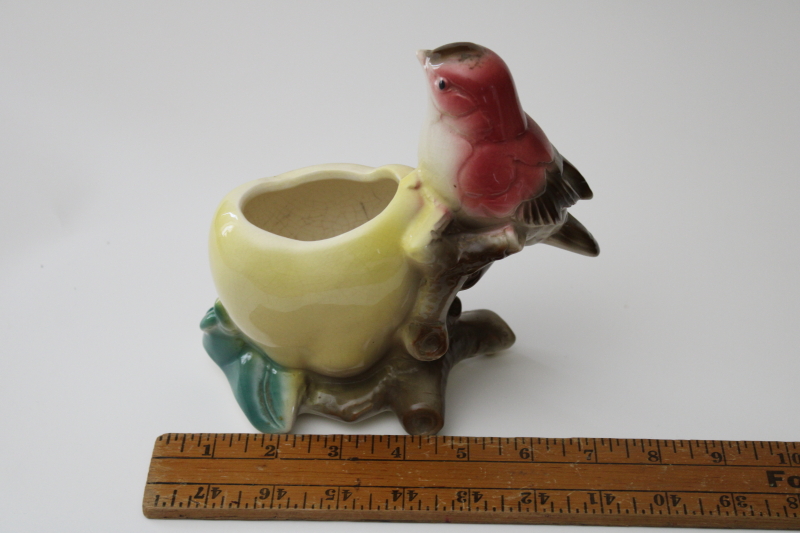 Royal Copley ceramic small bird w/ large apple, mid century vintage pottery planter