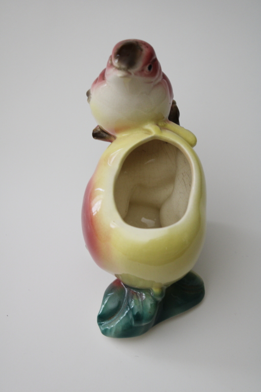 Royal Copley ceramic small bird w/ large apple, mid century vintage pottery planter