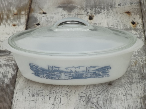 Royal Currier & Ives Glasbake vintage kitchen glass casseroles, baking pans