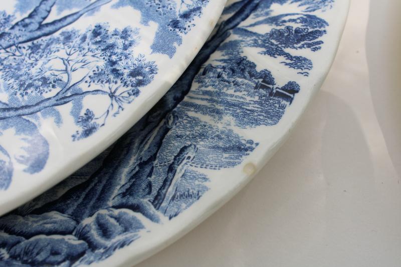 Royal Mail blue transferware vintage Royal Wessex china dinner plates, coach & tudor houses