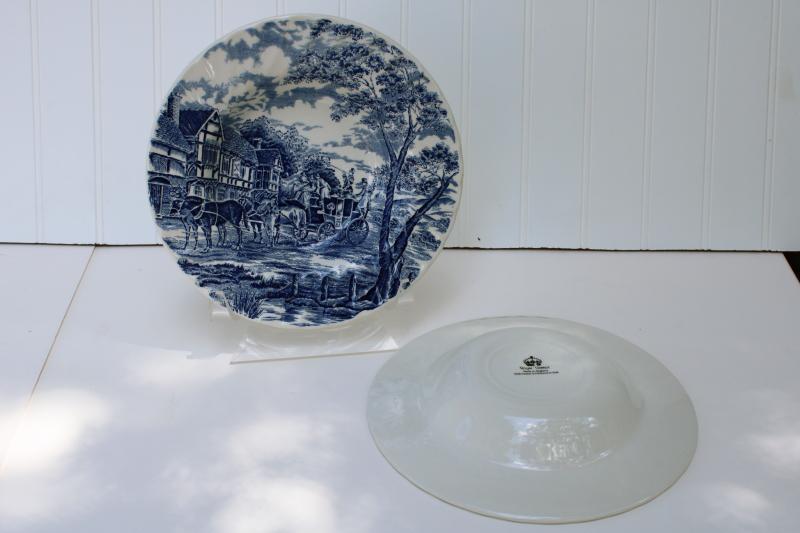 Royal Mail blue transferware vintage Royal Wessex china soup bowls, coach & tudor houses