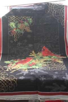 Royal Red cardinal birds holiday print cotton fabric panels, Christmas craft fabric