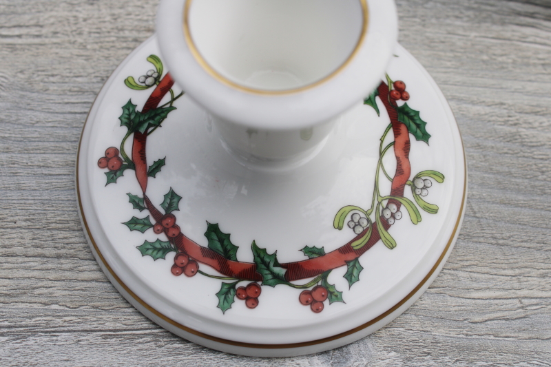 Royal Worcester Christmas Holly Ribbons pair of candle holders