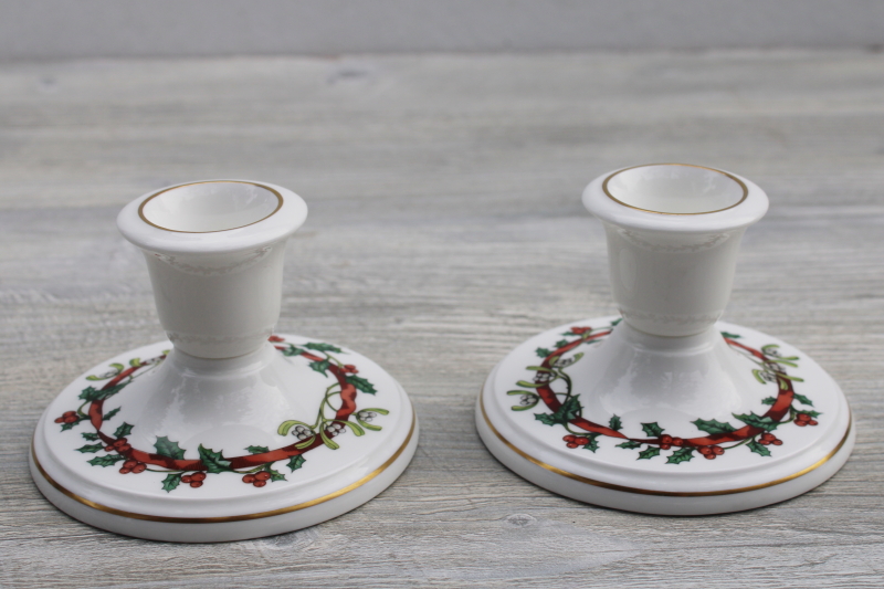 Royal Worcester Christmas Holly Ribbons pair of candle holders, made in