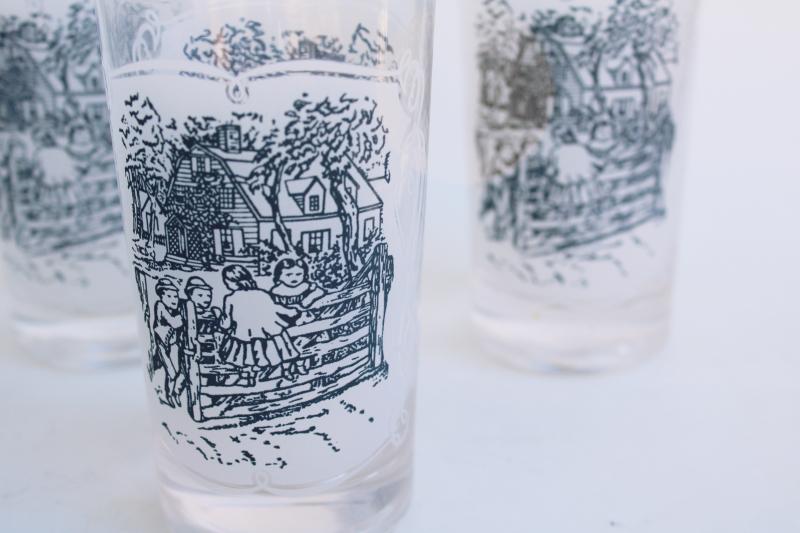 Royal blue & white Currier and Ives pattern drinking glasses, juice tumblers