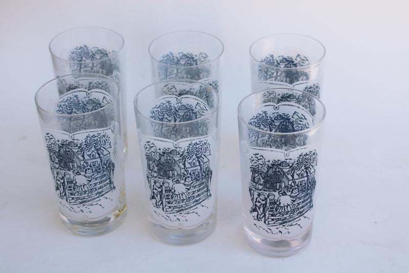 Royal blue & white Currier and Ives pattern drinking glasses, juice tumblers