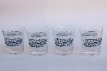 Royal blue & white Currier and Ives pattern drinking glasses, old fashioneds w/ lady driver