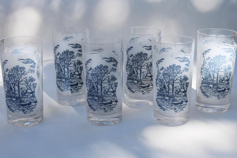 Royal blue & white Currier and Ives pattern drinking glasses, old grist mill tumblers