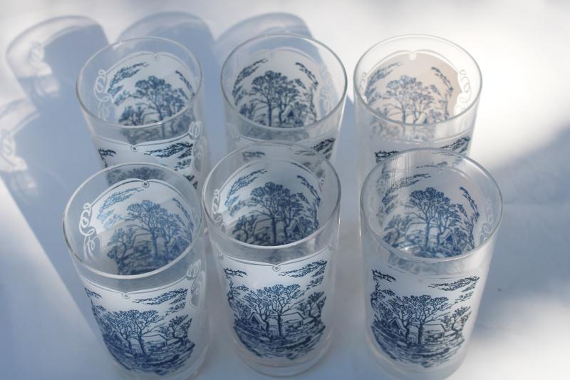 Royal blue & white Currier and Ives pattern drinking glasses, old grist mill tumblers