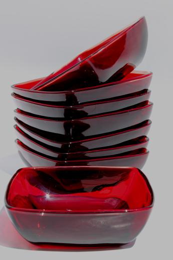 Royal ruby red glass vintage Anchor Hocking Charm square glass bowls set of 8