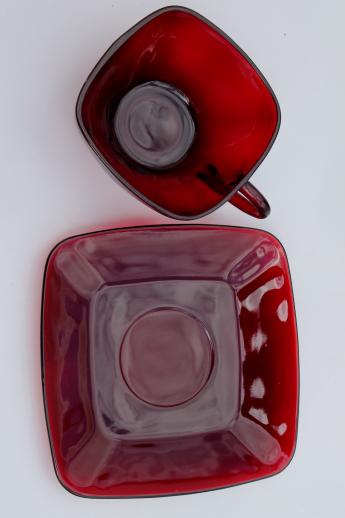 Royal ruby red glass vintage Anchor Hocking Charm square glass cups & saucers