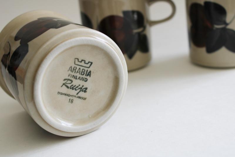 Ruija Arabia Finland pottery mugs or cups, 70s 80s vintage earth tones neutral colors