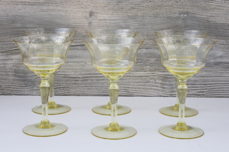 Sahara yellow vintage depression glass champagne or cocktail glasses, ring panel optic pattern
