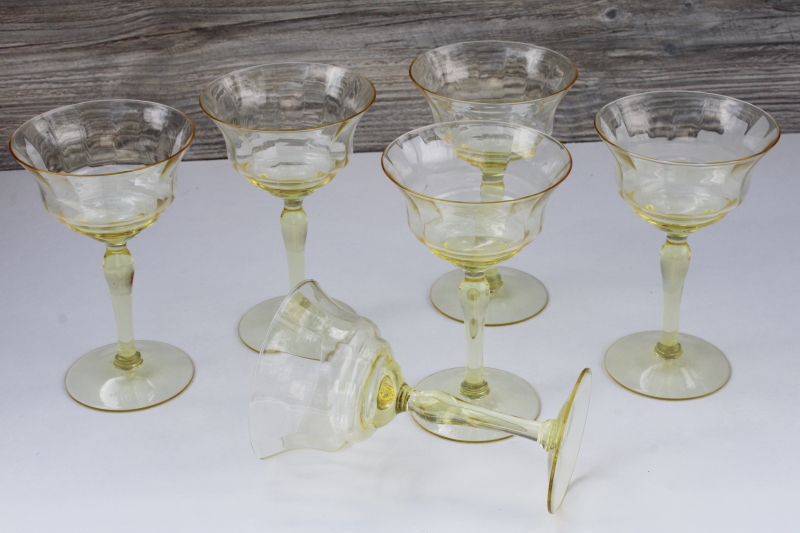 Sahara yellow vintage depression glass champagne or cocktail glasses, ring panel optic pattern
