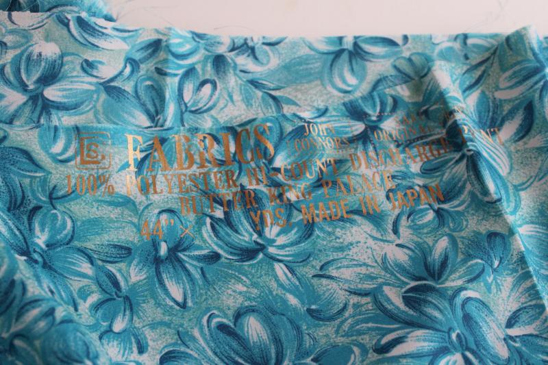 Saki Japan silky polyester fabric, vintage sample length w/ aqua floral print
