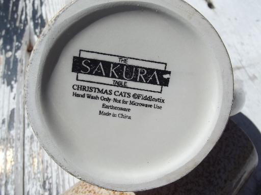 Sakura Fiddlestix cat spongeware tall coffee mugs, cups w/ Christmas Cats
