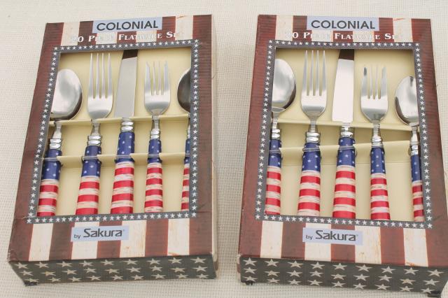 Sakura Patriotic American flag serving tray & flatware set, new in box silverware