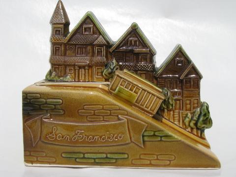 San Francisco trolley car climbing hill, 1980s ceramic music box