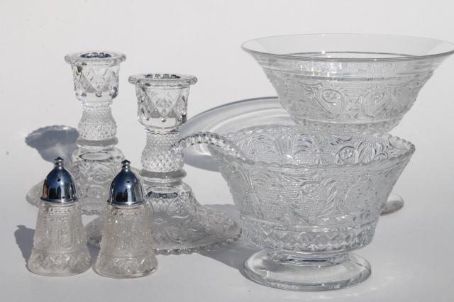 Sandwich pattern pressed glass Duncan & Miller crystal clear candlesticks, serving pieces