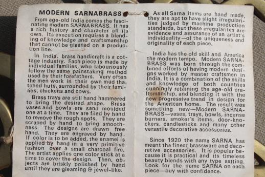 Sarna brass unicorn trivet w/ 50s vintage Sarnabrass India hang tag