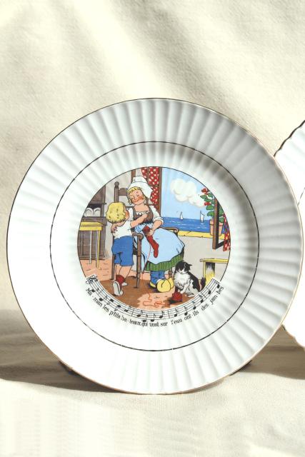 Sarreguemines et Digoin France pottery plates, vintage children's dishes w/ French nursery rhymes lyrics