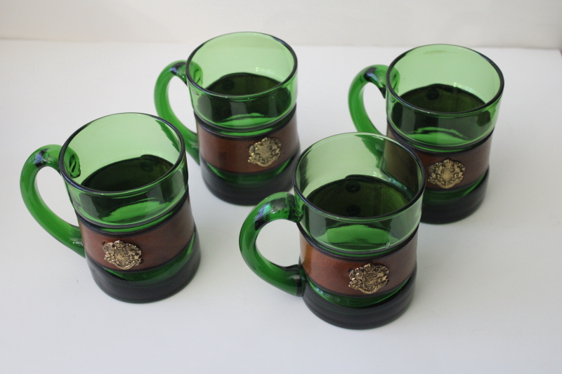 Saxony coat of arms Providentiae Memor crest leather wrapped glass beer mugs German steins