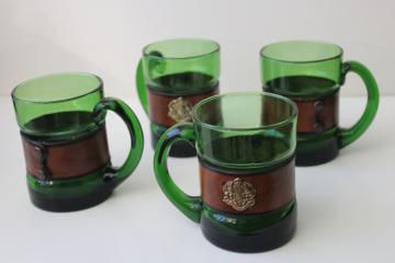 Saxony coat of arms Providentiae Memor crest leather wrapped glass beer mugs German steins