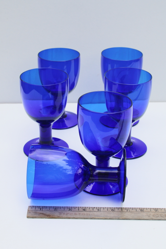 Scandi mod style vintage cobalt blue water goblets or wine glasses, modern chunky shape
