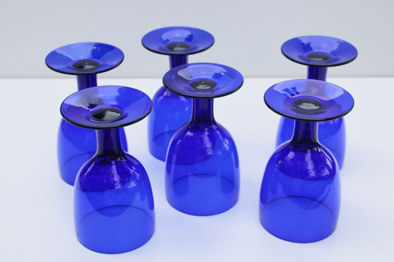 Scandi mod style vintage cobalt blue water goblets or wine glasses, modern chunky shape