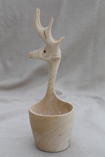 Scandinavian style hand carved wooden bowl w/ stag deer, natural wood bowl