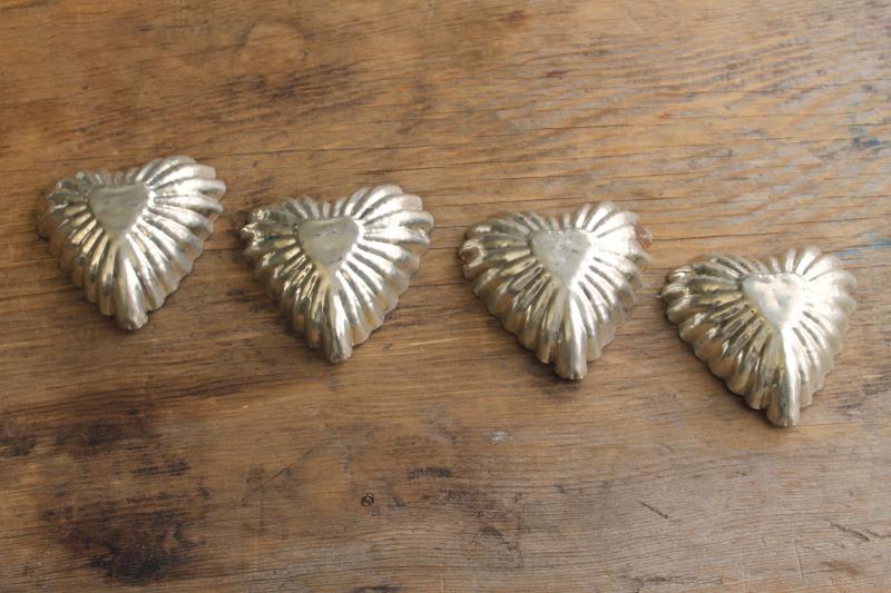 Scandinavian style vintage heart shaped tin tart pans, fluted metal molds made in Sweden