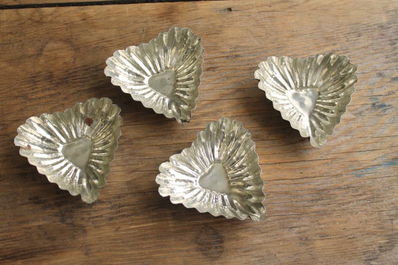 Scandinavian style vintage heart shaped tin tart pans, fluted metal molds made in Sweden