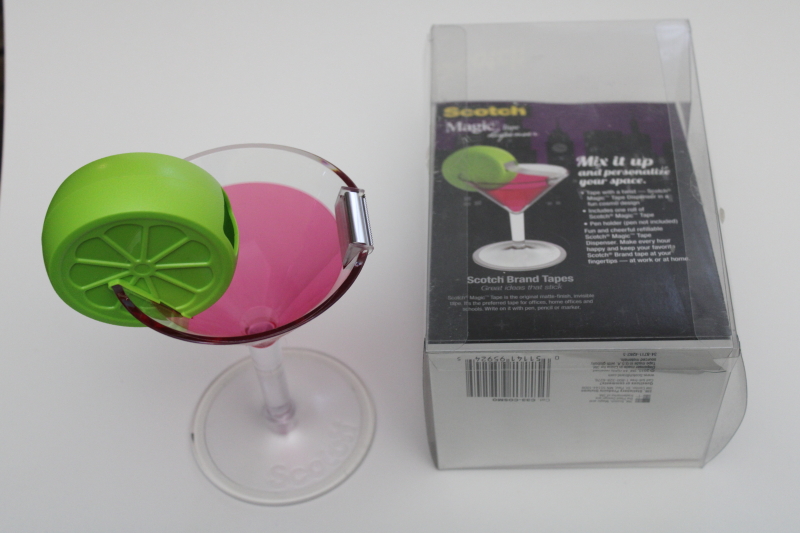 Scotch tape dispenser cocktail glass w/ lime, fun office desk conversation piece