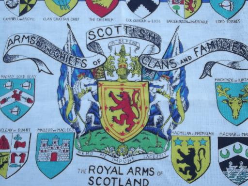 Scottish coat of arms heraldric emblems, linen tea towel w/ Scots clans heraldry