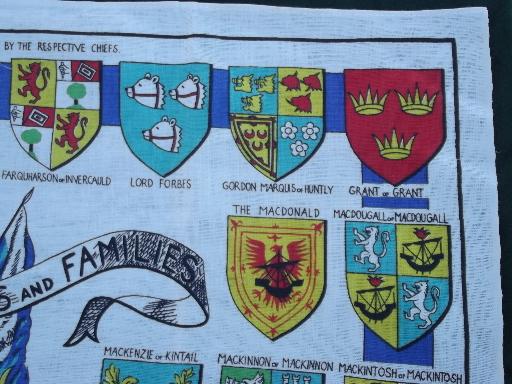 Scottish coat of arms heraldric emblems, linen tea towel w/ Scots clans heraldry