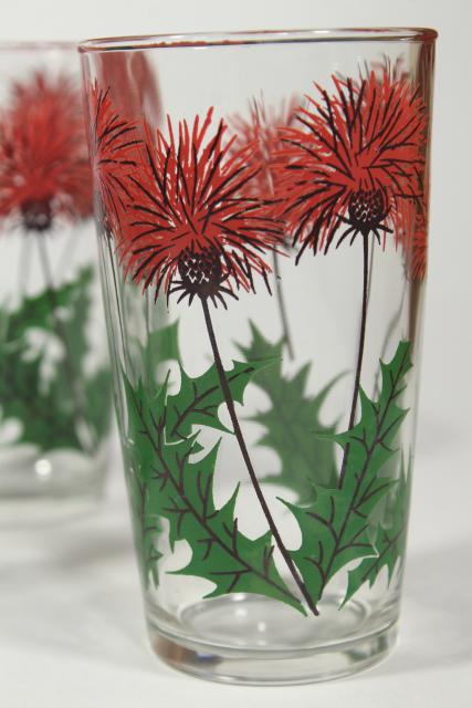 Scottish thistle print glass drinking glasses, mid-century vintage swanky swigs