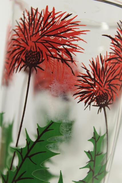 Scottish thistle print glass drinking glasses, mid-century vintage swanky swigs